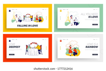 Young, Senior Characters Proposing Ring Set. Landing Page Template. Man Stand on Knee Make Proposal Ask Marry in Park, Paris or Restaurant. Love Engagement Marriage. Linear People Vector Illustration