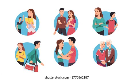 Young & senior couple relationship set. Men & women cartoon characters meeting, dating, quarreling, breaking up, embracing, holding hands. Love, romance & date. Flat vector isolated illustration