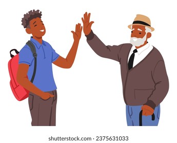 Young And Senior Men Share A Triumphant High-five, Uniting Generations Through A Gesture Of Camaraderie And Mutual Respect. Characters Friendship And Achievement. Cartoon People Vector Illustration