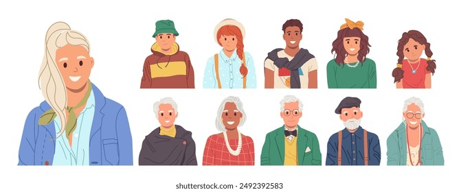 Conjunto de retratos de personas jóvenes y mayores que muestran la diferencia de moda y estilo en varias edades