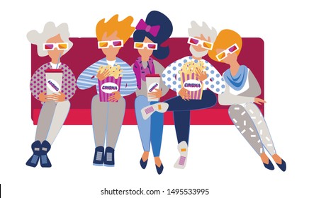 Young And Senior People Sitting In Movie Theater Cinema Hall In 3d Glasses With Popcorn Looking At Screen. Men And Women Watching Film Or Motion Picture. Front View Cartoon Flat Vector Illustration