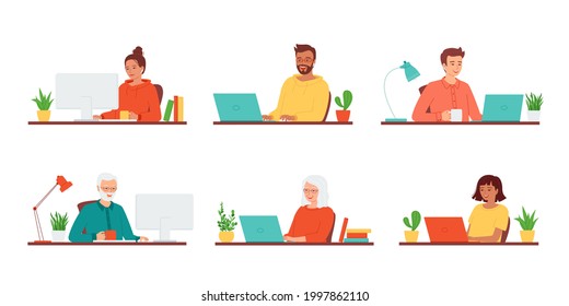 Young and senior women and men sits with computer. Home office work, freelance, distance education, e-learning. Employees work on laptop. Collection of vector illustrations in flat style