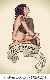 Young sensual lady dressed up in one stocking only with tears in her eyes. Editable vector tattoo design.