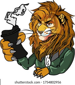 young serious lion in suit with takeaway coffee, illustration