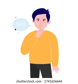 Young Serious Man With Silence Hand Gesture Flat Vector Illustration. Cartoon Shh Guy Holding Forefinger Near Closed Mouth. Business Secret And Please Keep Quiet Concept
