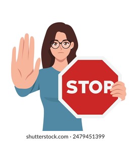 Young serious woman cartoon character standing with red sign stop in hands and showing her palm with refusing Flat vector illustration isolated on white background