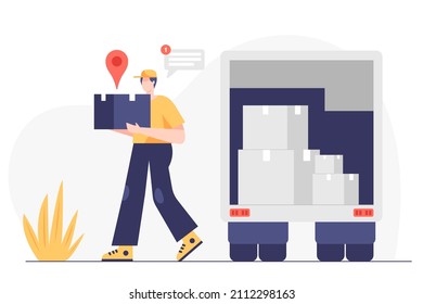 Young service man for moving and transporting things and objects. people pack and transport furniture to a new place, cartoon charactor, Vector illustration