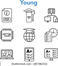 young set. included chip, professor, ereader, pdf, smartphone, test, school icons. linear styles.