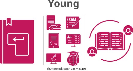 young set. included exam, feedback, tablet, test, online-learning, school, enter, microscope icons. filled styles.