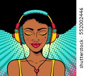 Young sexy afro american woman with closed eyes in headphones listening to the music and singing with a smile. Vector colorful background in pop art retro comic style. Party invitation poster.