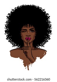 Young sexy dark skinned women. Afro american girl holding hand near her face. Print with dark skin female face on white background