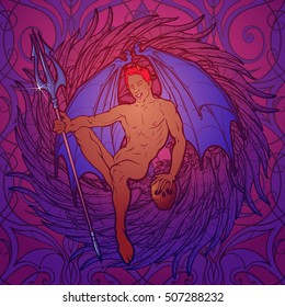 Young sexy demon with bat wings sitting and holding trident and human skull. Pinup and art Nouveau eclectic style. Intricate hand drawing, rich detailed beckground. Gay hint. EPS10 vector illustration
