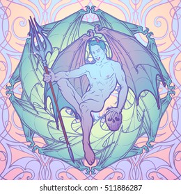Young sexy demon with bat wings sitting and holding trident and human skull. Pinup and art Nouveau eclectic style. Intricate hand drawing, rich detailed beckground. Gay hint. EPS10 vector illustration