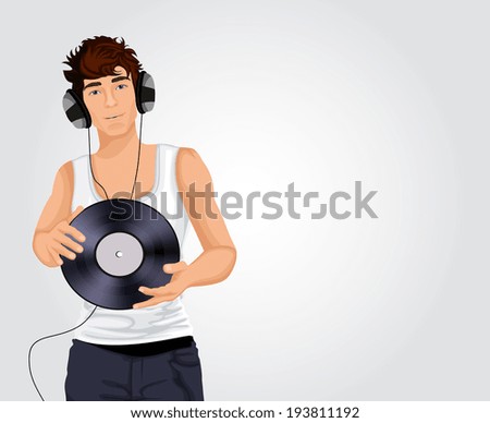 Young sexy DJ guy in white singlet with headphones and vinyl record in hands vector illustration