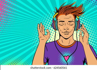 Young sexy ginger comic man with wide smile and closed eyes in headphones listening to the music. Vector colorful background in pop art retro comic style. Party invitation poster.