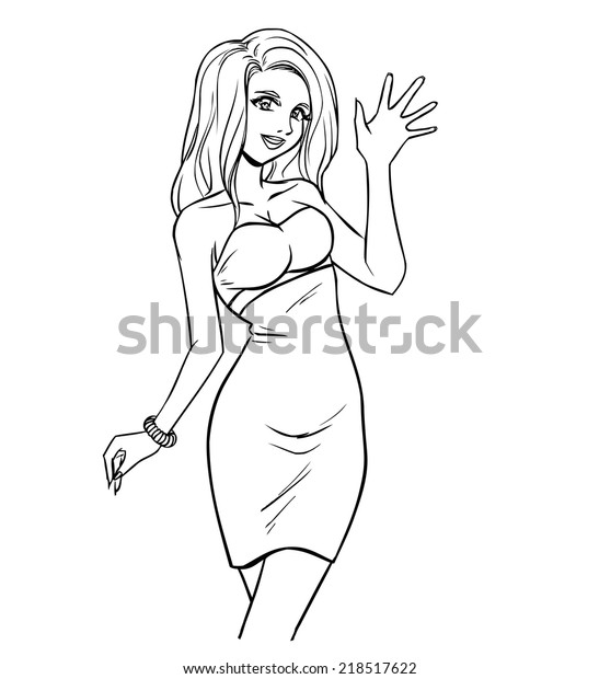Young Sexy Girl In Short Evening Dress Greets By Her Hand Vector