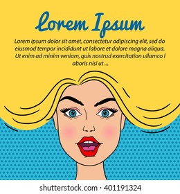 Young sexy surprised blond woman face with open mouth. Vector background in pop art style.