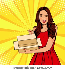 Young Sexy Surprised Woman Holding Empty Box. Vector Illustration In Retro Comic Pop Art Style. Gift Certificate Template.