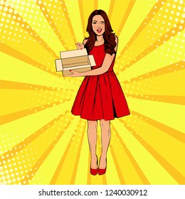 Young Sexy Surprised Woman Holding Empty Box. Vector Illustration In Retro Comic Pop Art Style. Gift Certificate Template.