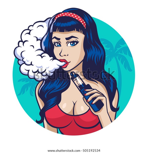 電子タバコを吸う若いセクシーな女性 煙の中のベクターイラストの女の子 壁に貼ったテープバーのポスター のベクター画像素材 ロイヤリティフリー