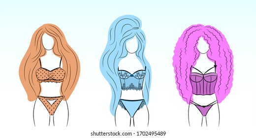 Young Sexy Women with Big Long Hair in Lace Lingerie. Concept of Body Positive, Diversity, Self Love and Confidence. Characters for Shop or Boutique Advertisement. Vector Illustration. 