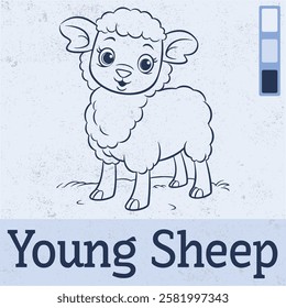 Young Sheep Silhouette Line Vector Illustration Isolated on a Blue Background