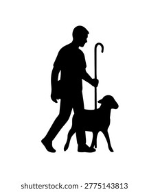 Young shepherd with sheep silhouette on white background