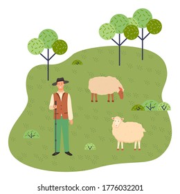 Young shepherd with a stick and sheep in a green park. Graze the sheep. Livestock. Green spaces. Lush grass and young trees, vegetation. Flora and fauna. City park. Flat vector illustration.