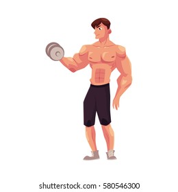 Young shirtless man, male bodybuilder, weightlifter doing bicep workout, training arms with dumbbell, cartoon vector illustration isolated on white background. Male bodybuilder doing bicep workout