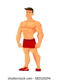 Young shirtless man, male bodybuilder. Strong and tough weightlifter in red shorts and sneakers. Cartoon vector illustration isolated on white background. 