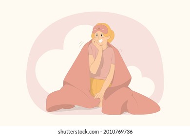 Young shock scared girl sit wrap cover under blanket duvet concept