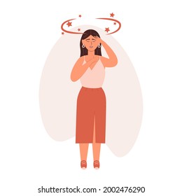 Young shocked moman having dyzzy symptom, stars spinning around her head. Vector illustratin in trendy live flat style. Vertigo, dizziness, healthcare, sickness, disease concept, isolated on a white