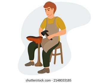 A young shoemaker makes or repairs shoes in a workshop. Cartoon vector illustration.