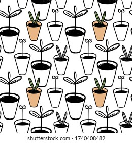 Jóvenes brotes en macetas de flores. Patrón veloz. Estilo garabato, plantas forzadas a mano, plántulas en macetas. Dibujo de contorno negro aislado en un fondo blanco, tema de jardinería, primavera.