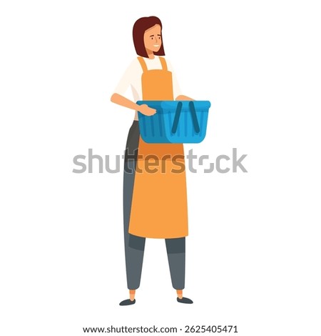Young shop assistant is holding an empty shopping basket, ready to assist customers