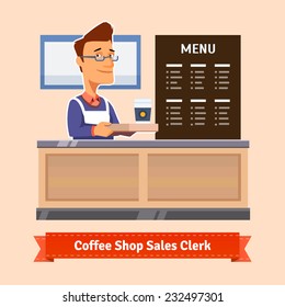 Young Shop Assistant Serving A Cup Of Coffee At The Cashier Desk. Flat Illustration. EPS 10 Vector.