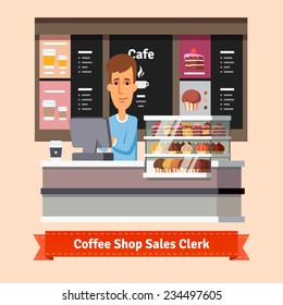 Young shop assistant serving a cup of coffee at the cashier desk. Flat style illustration. EPS 10 vector.