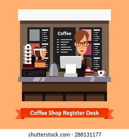 Young shop assistant serving a cup of coffee and cake at the cashier desk. Flat style vector illustration.