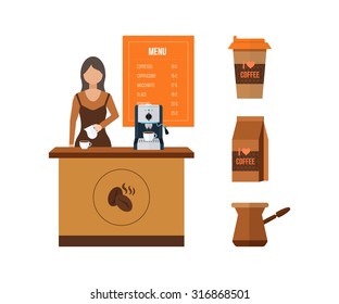 Young Shop Assistant Serving A Cup Of Coffee. Coffee Shop. Coffee Seller. Flat Illustration.