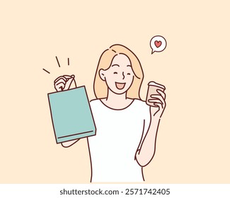 Young shopper in casualwear holding drink and paperbags while having break after seasonal shopping in the mall. Hand drawn style vector design illustrations.	