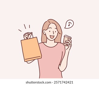 Young shopper in casualwear holding drink and paperbags while having break after seasonal shopping in the mall. Hand drawn style vector design illustrations.	