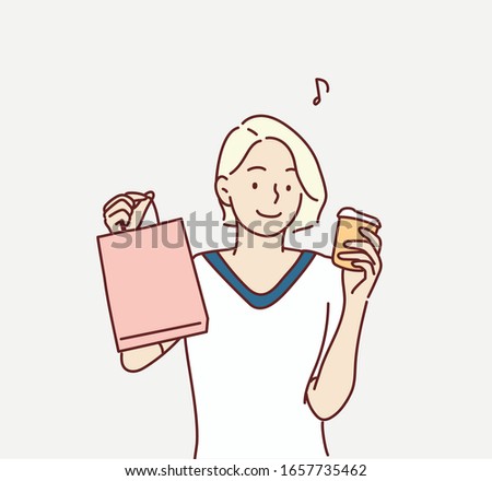 Young shopper in casualwear holding drink and paperbags while having break after seasonal shopping in the mall. Hand drawn style vector design illustrations.