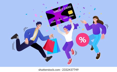 Young shopper holding shopping bags jumping with credit cards. Sale concept. E-commerce with characters. Concept of big sale. special offer. delivery service. flat style vector illustration.