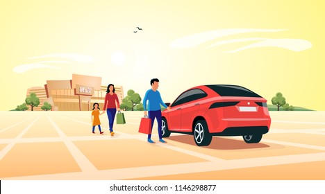 Young Shopping Family Coming Out Of Shopping Mall And Approaching Their Family Suv Car Parking In Front Of The Shop. Flat Vector Illustration Concept. 