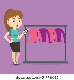 Young shopping woman shocked by price tag in clothing store. Surprised woman looking at price tag in clothing store. Amazed woman staring at price tag. Vector flat design illustration. Square layout.