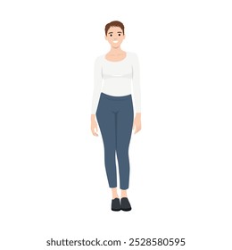 Young short hair woman standing with long sleeve shirt and jeans. Flat vector illustration isolated on white background