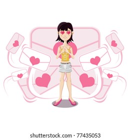 young short haired girl fall in love with background of valentine envelopes