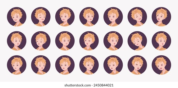 Young short spiky haircut blonde woman, cute female avatar nice portrait set, appearance bundle. Different feelings, face emotion icons, player character mood, user pic circles. Vector illustration