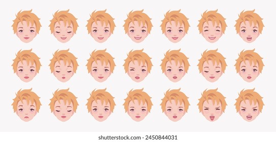 Young short spiky haircut blonde woman, attractive female emotion set, girl bundle portrait, person head. Different face icons, positive, negative facial expression feature pic. Vector illustration