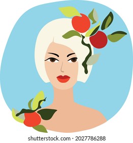 Young showy blonde on a blue background with branches and ripe fruits. Portrait of a young girl with bright makeup on sky background and fruits. Flat illustration, avatar.